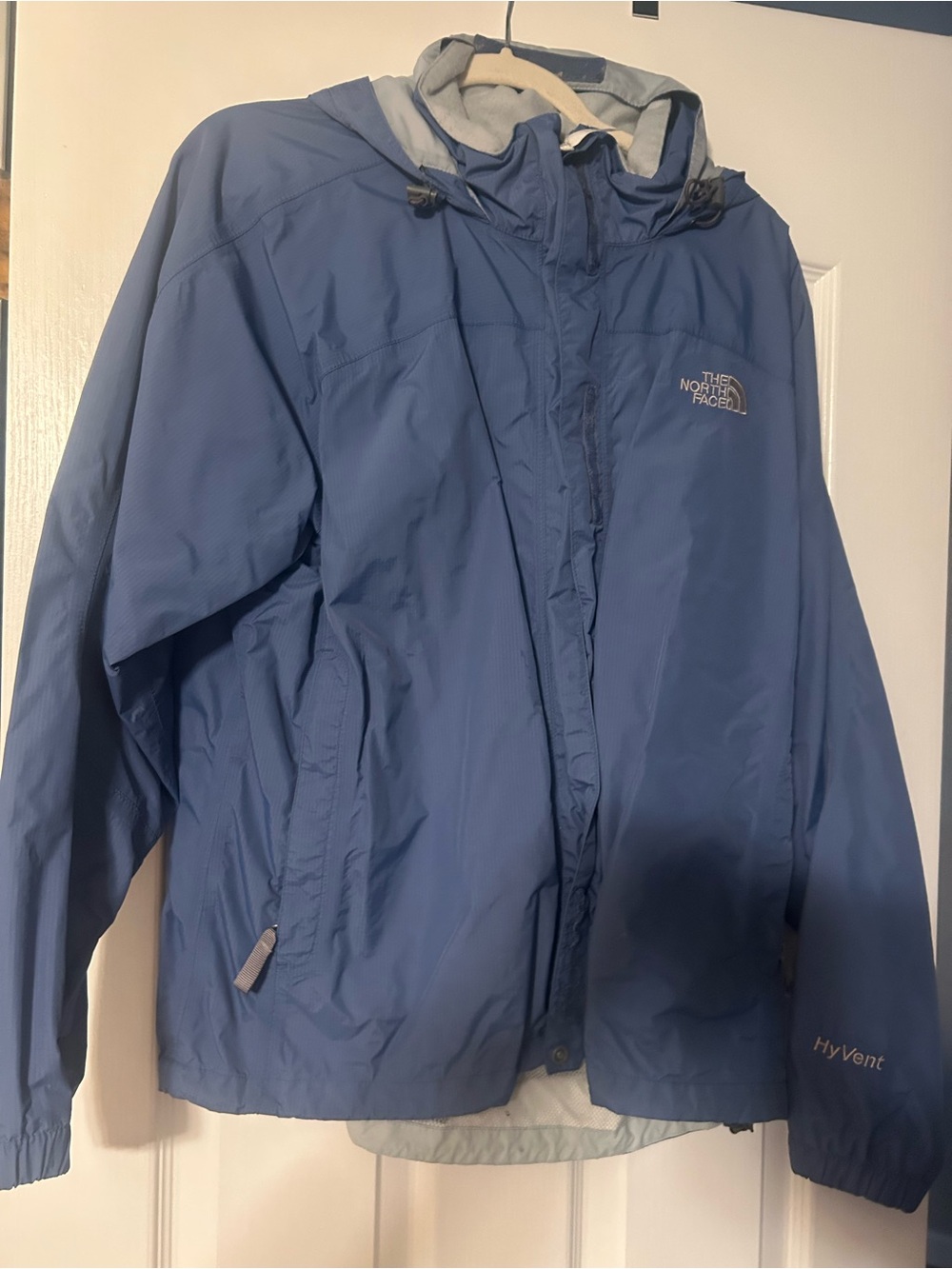 The North Face woman's HyVent Hooded Rain Jacket - Blue with light gray lining